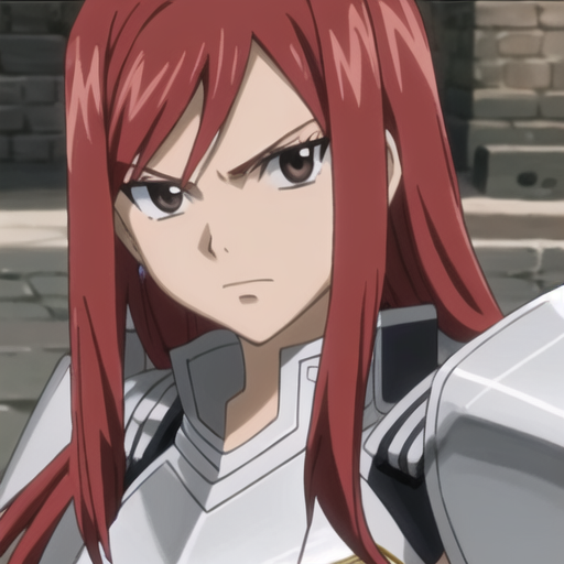 1girl, solo, erza scarlet, fairy tail, red hair, brown eyes, long hair, looking at viewer, serious, close-up, closed mouth...